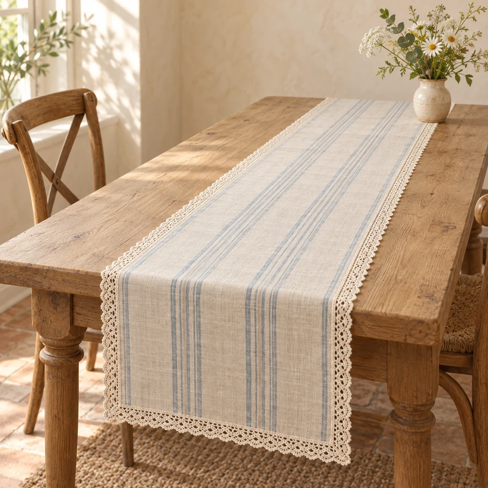 Mist blue Bluebell Stripe cotton–linen table runner with fine lengthwise blue stripes and narrow ivory lace