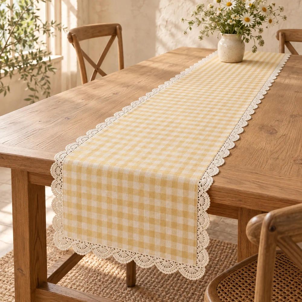 Butter yellow Buttercup Check cotton–linen table runner with small cream gingham checks and fan scallop lace