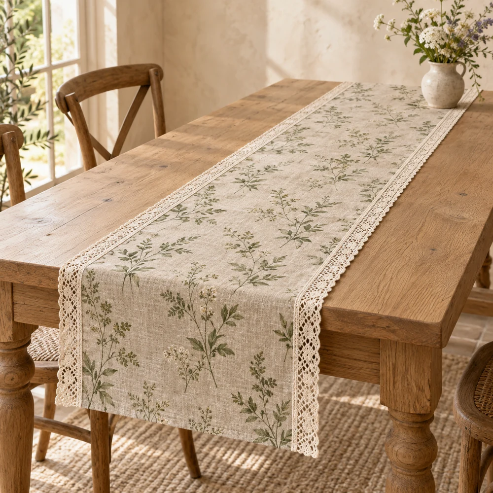 Flax & sage Flax Botanical cotton–linen table runner with subtle botanical sprig print and fine ivory lace