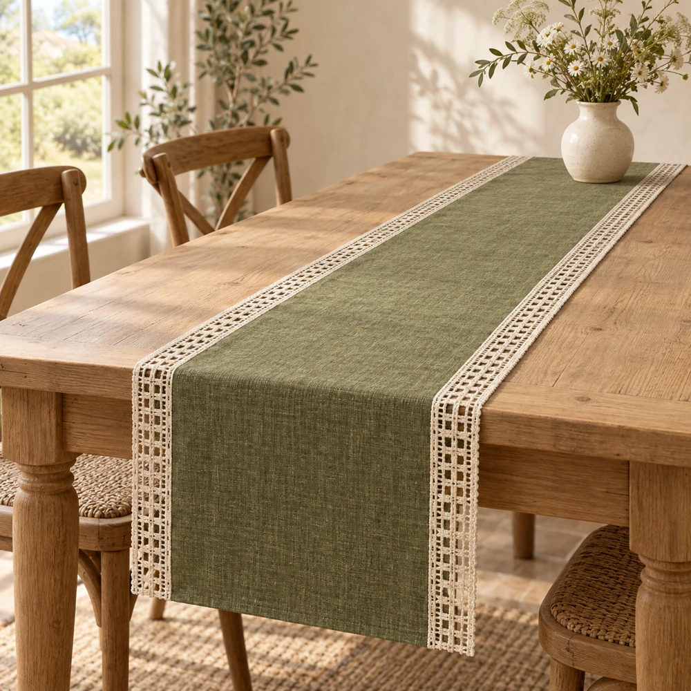 Olive green Olive Grove cotton–linen table runner with ivory geometric grid lace